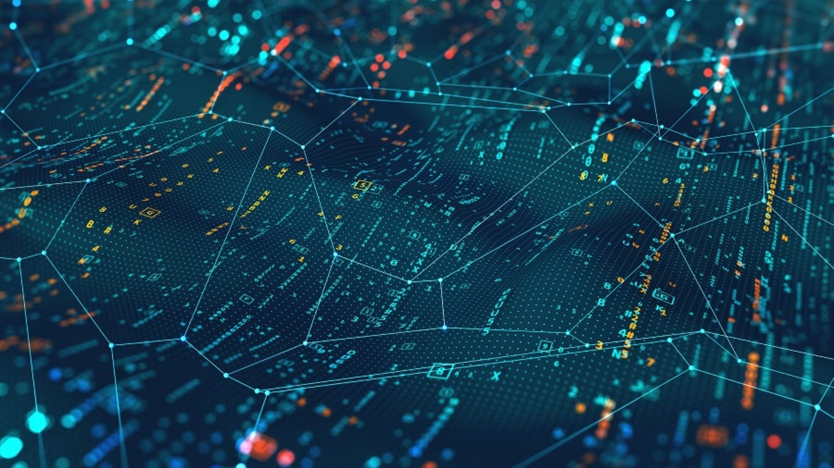 a 'data network' symbol image with numbers and characters in different colours. 