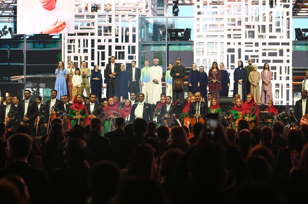 The artists are cheered on stage by the audience towards the end of the opening gala.