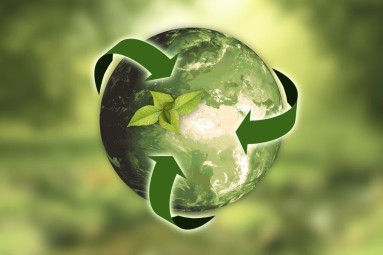 A green globe with three green arrows and a small green flower