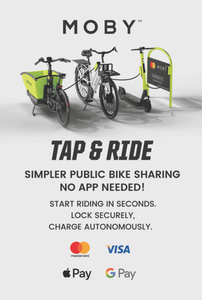 Two electric bikes and a scooter, with the words 'Tap & Ride' underneath, and other information.