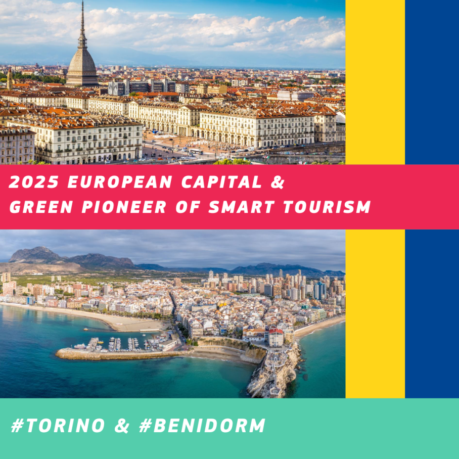 Photos of the cities of Torino and Benidorm. 