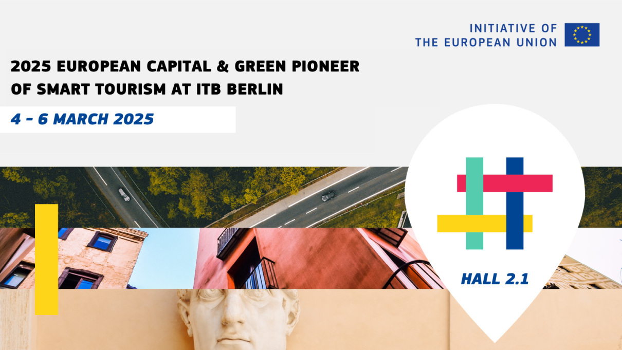 A graphic of the European Commission with photos of a street from a bird's eye view, house fronts and a statue. 