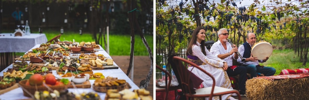  A table with food on the left side, three persons making music on the right side. 