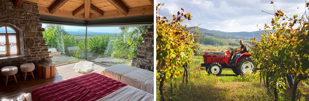 A room with a mountain view out of the window on the left, a tractor in a vineyard on the right. 