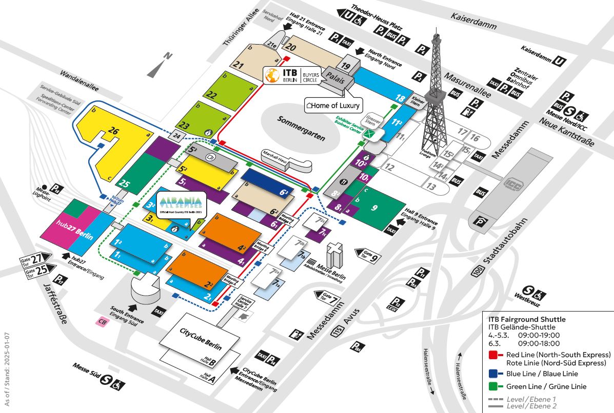 Der Geländeplan der ITB Berlin 2025. Die Hallen sind in verschiedenen Farben hervorgehoben. Der Geländeplan der ITB Berlin 2025. Die Hallen sind in verschiedenen Farben hervorgehoben.